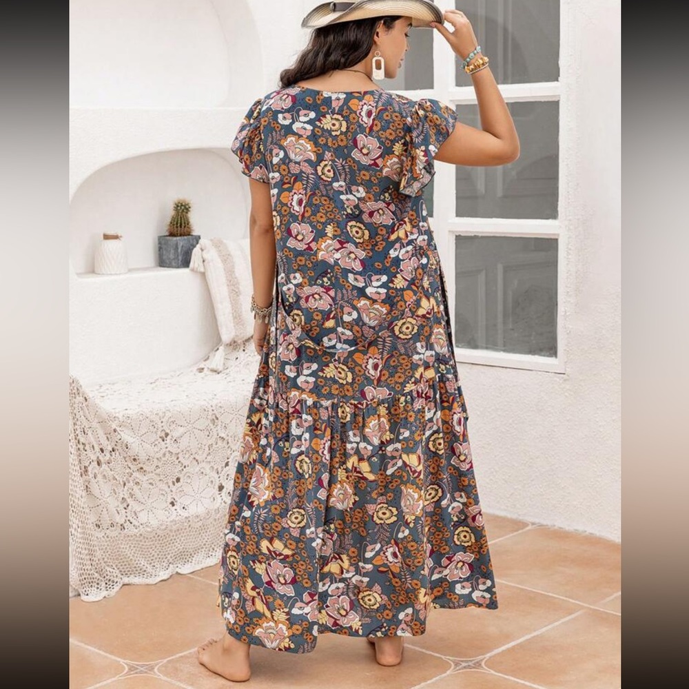 Plus size boho floral print butterfly sleeve belted maxi dress - Picture 3 of 6